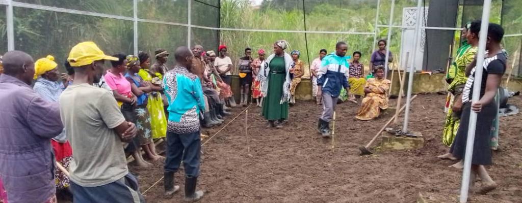 Beneficiaries of Kyerenga community tree nursery bed being trained on nursery bed management practices Beneficiaries of Kyerenga community tree nursery bed being trained on nursery bed management practices